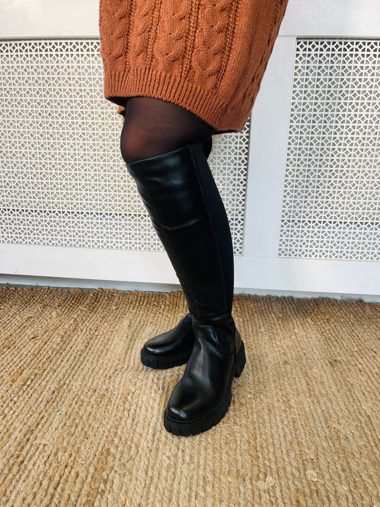 Libby Leather Look Knee Boots - Black