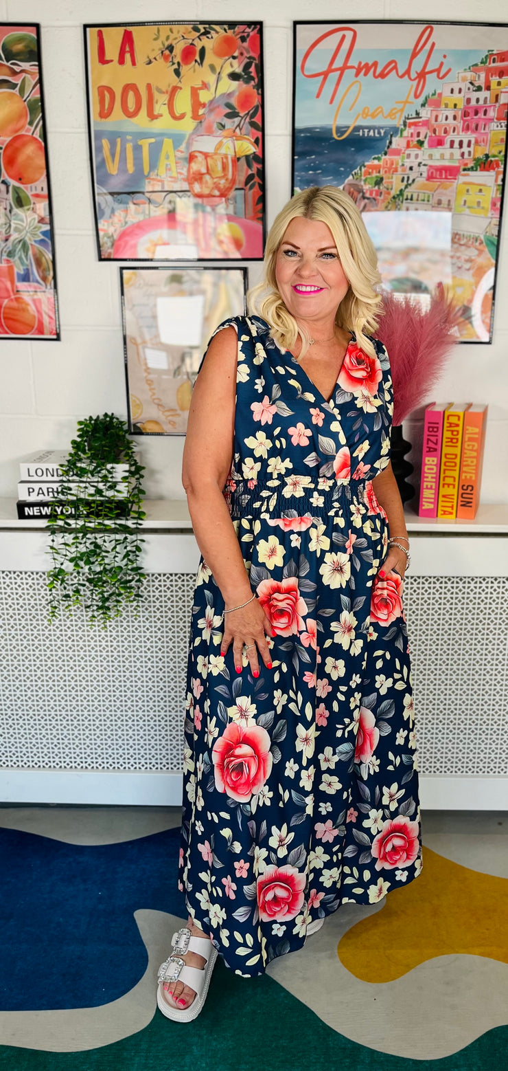 Summer Haze Floral Dress - Navy