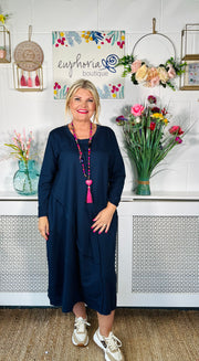 ladies navy free size relaxed fitted midi dress with long sleeves