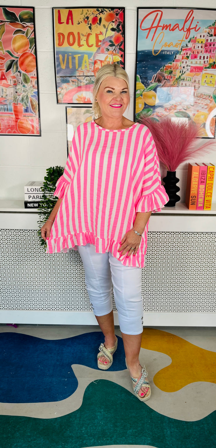 Viva Striped Cotton Top - Neon Pink