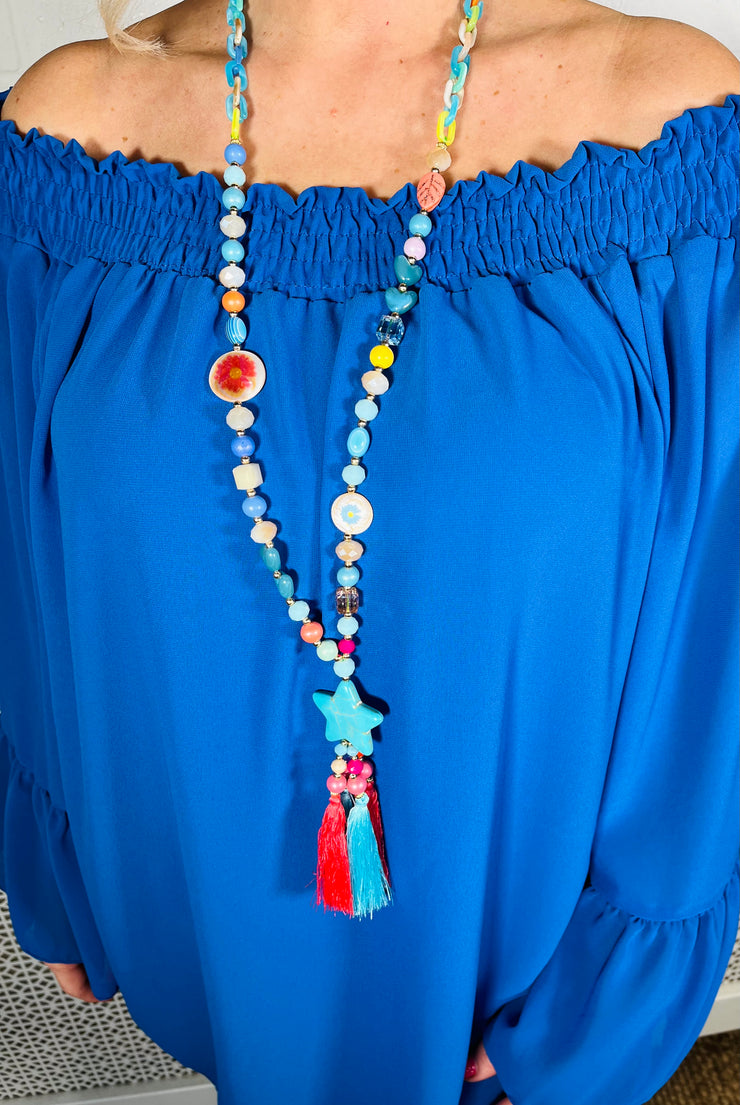 Daisy Chain Tassel Necklace - Electric Blue