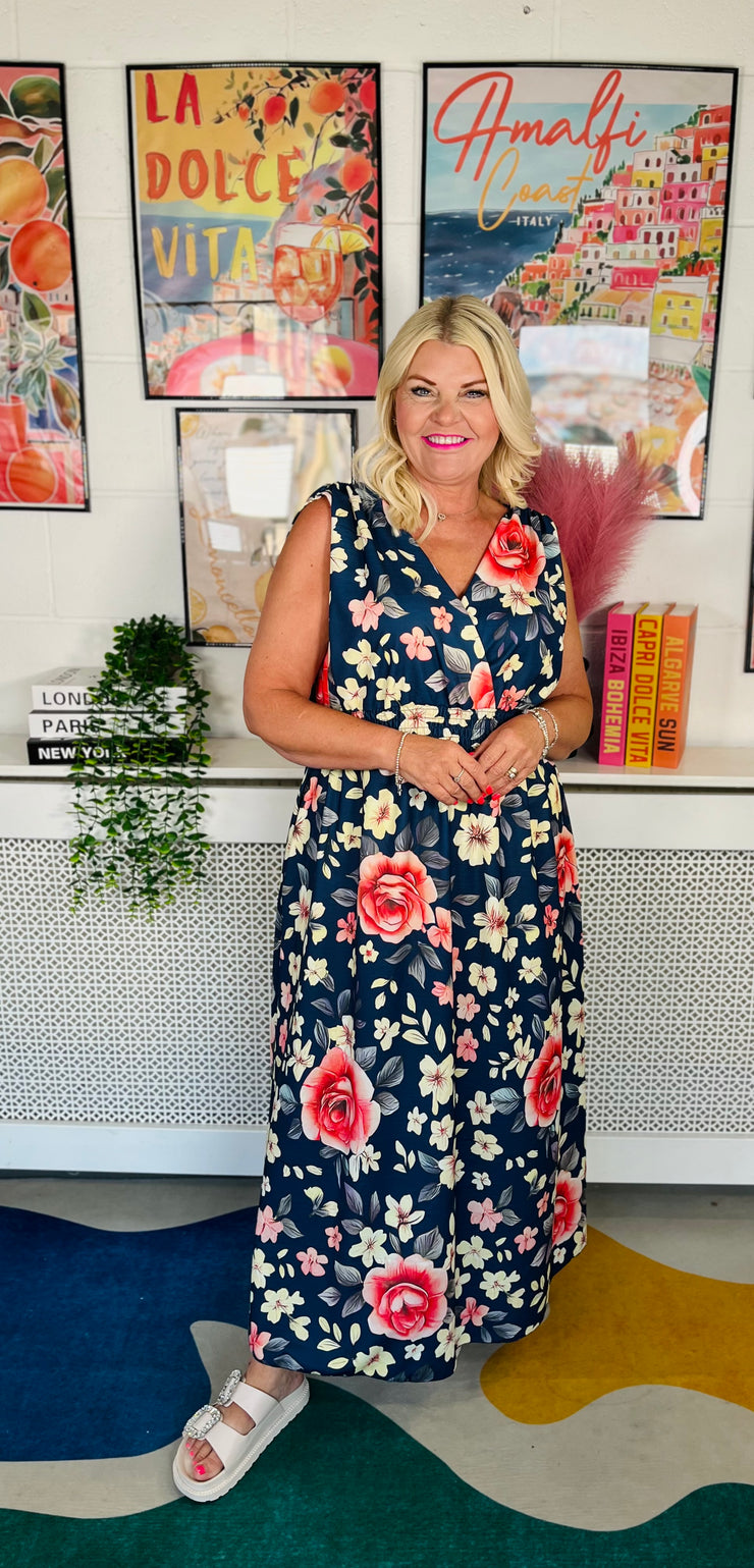 Summer Haze Floral Dress - Navy
