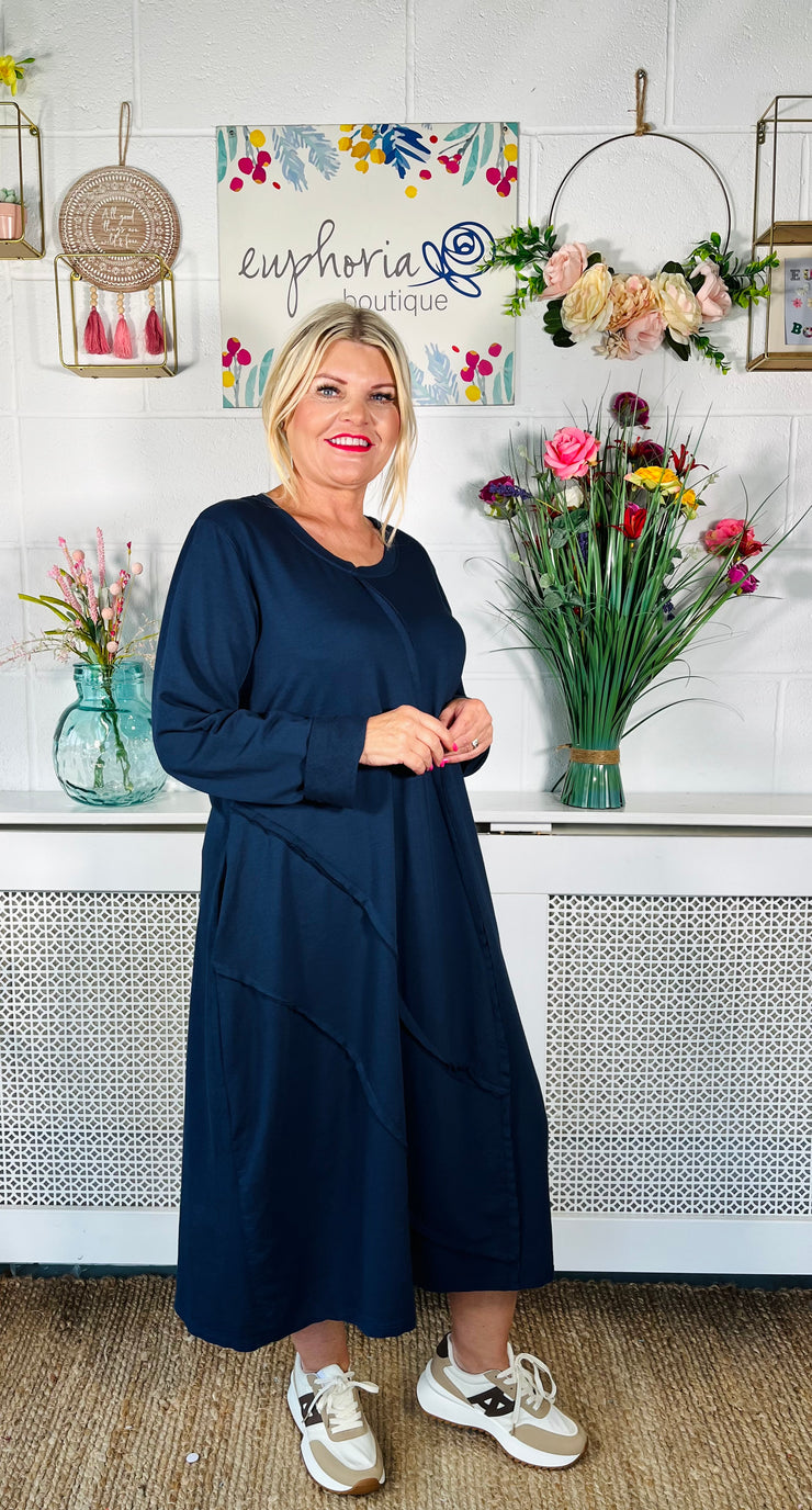 ladies navy free size relaxed fitted midi dress with long sleeves