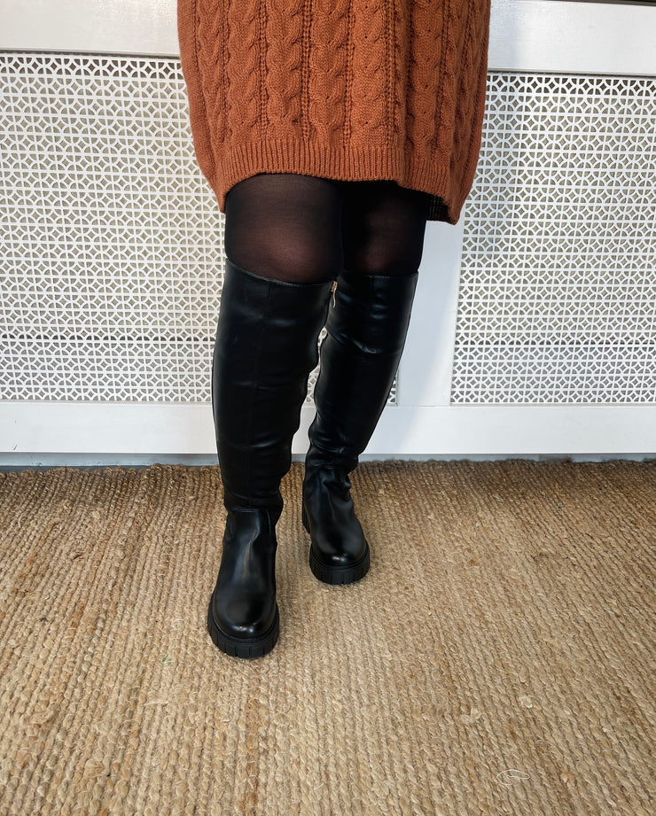 Libby Leather Look Knee Boots - Black