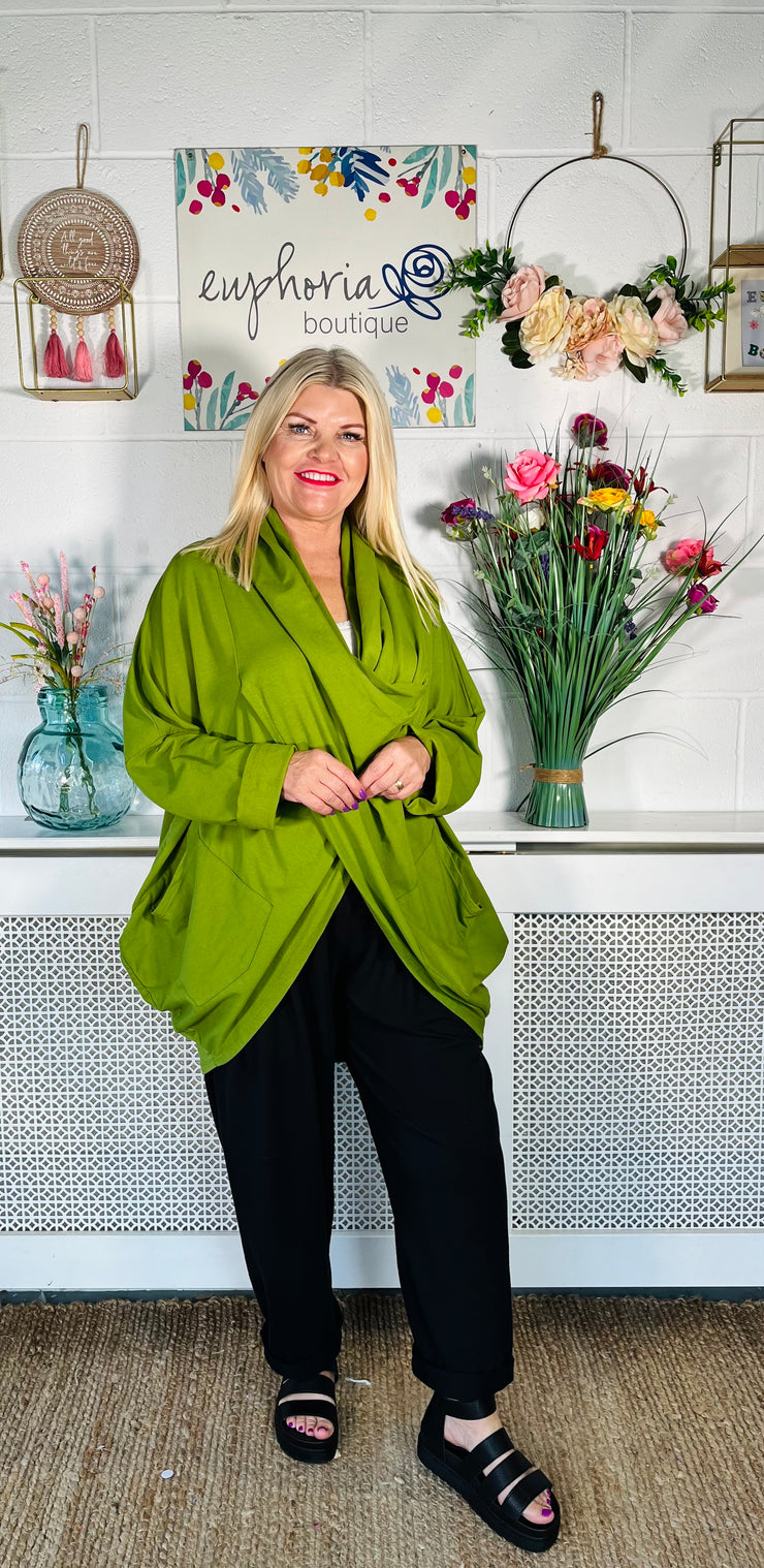 Ladies Olive green relaxed fit cowl neck sweater with 2 pockets and long sleeves