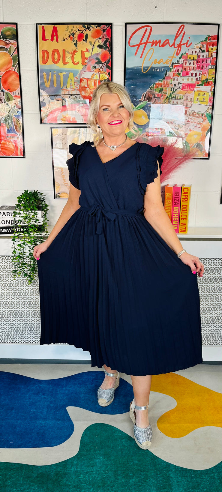 Happy Twirl Pleat Dress - Navy