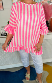 Viva Striped Cotton Top - Neon Pink