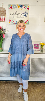 Delia Lace Tunic Dress - Denim Blue