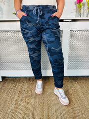 Magic stretchy camo  trousers in midnight blue  available in standard and plus fit