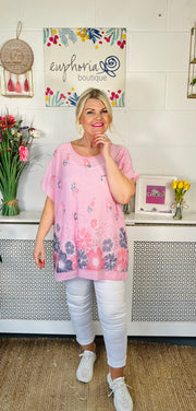 Cora Floral Tee With Scarf - Baby Pink