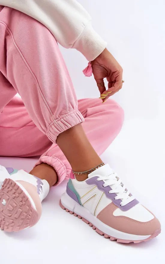 Ladies lace up sneakers with pink purple and white details
