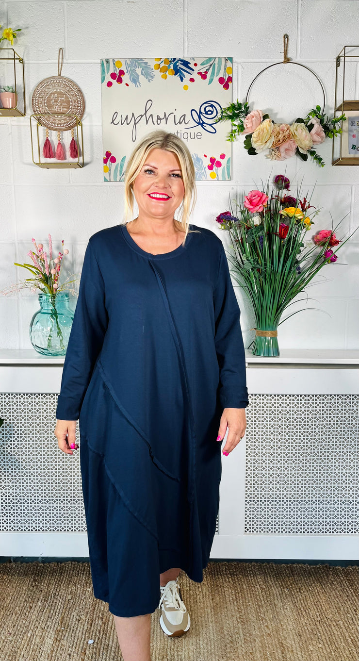 ladies navy free size relaxed fitted midi dress with long sleeves