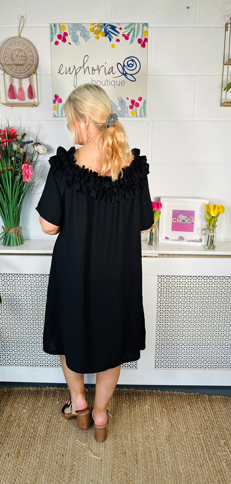 Katie Ruffle Neck Dress - Black
