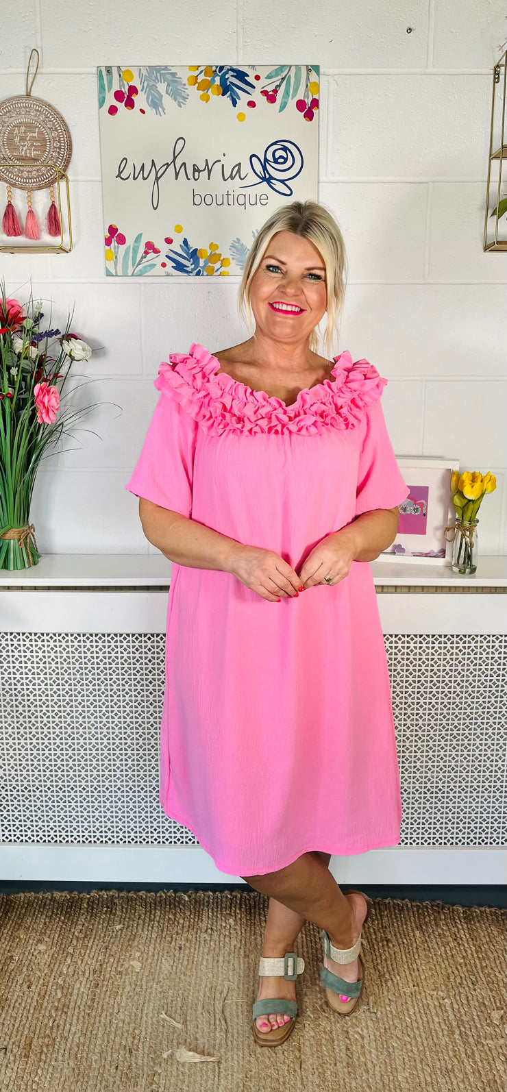 Katie Ruffle Neck Dress - Bubble Gum Pink