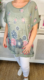 Cora Floral Tee With Scarf - Khaki