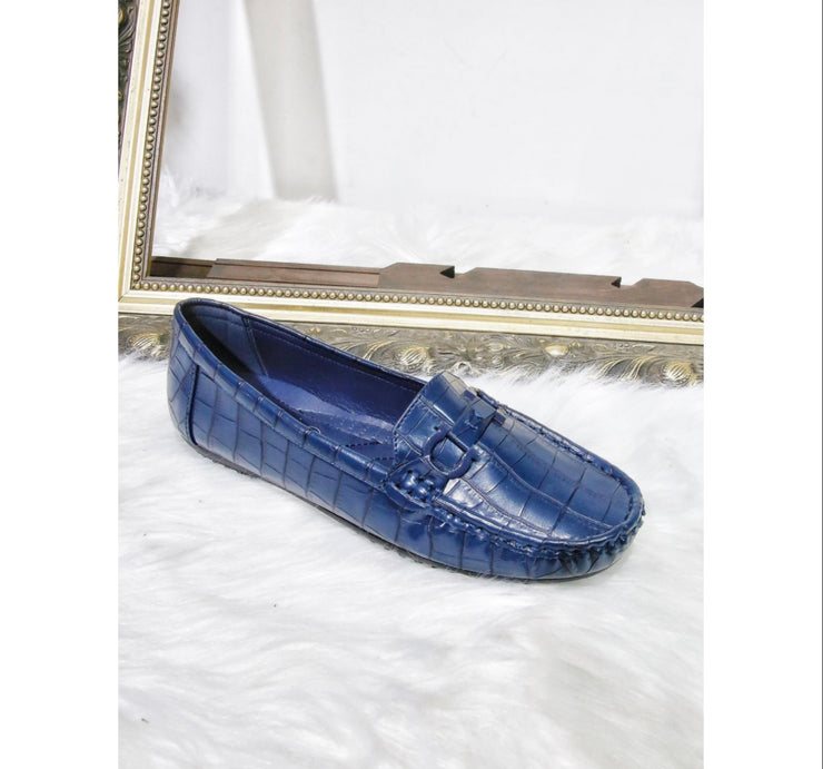 Aimee Croc Effect Loafers - Navy