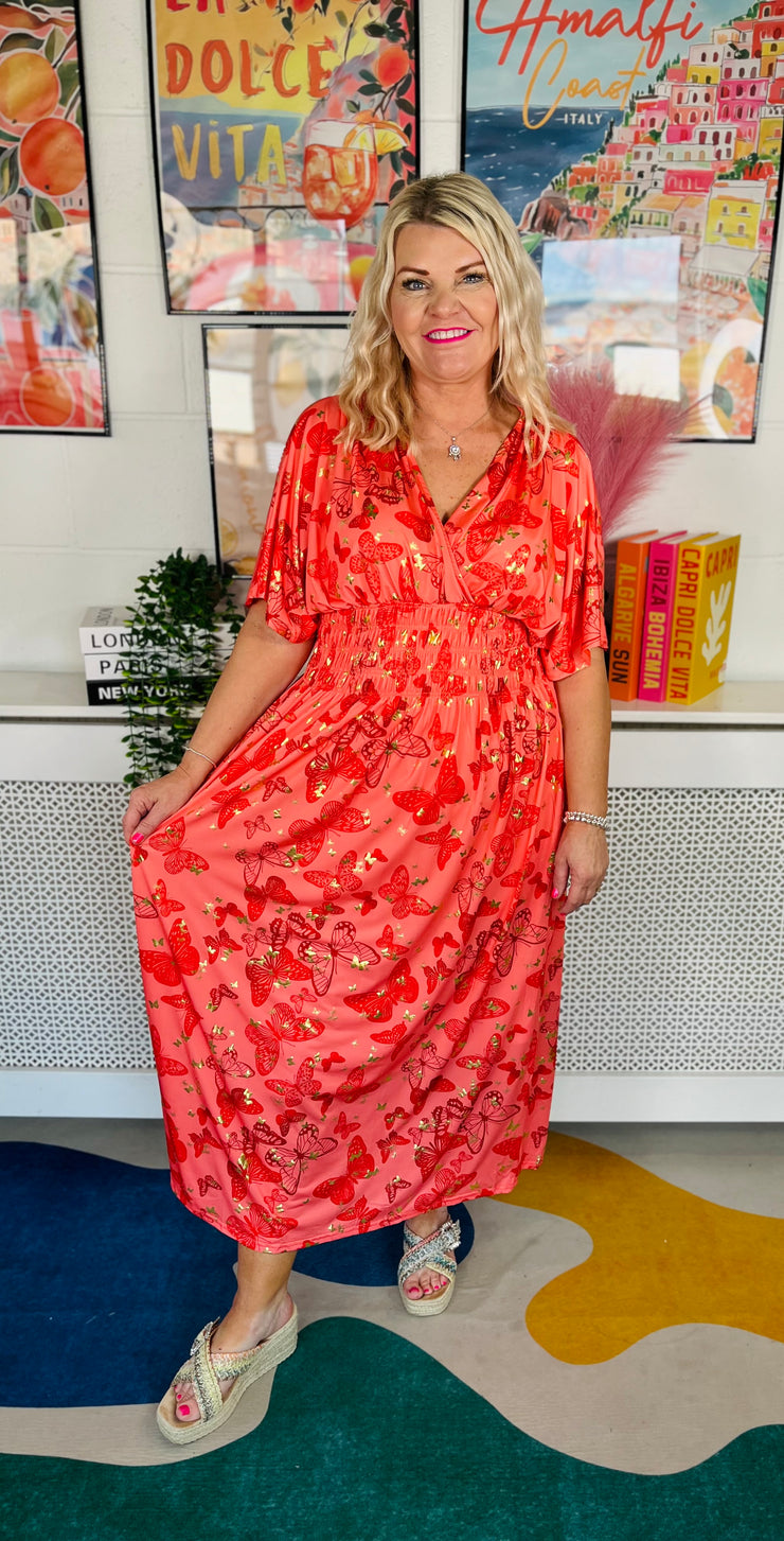 Dancing Wings Maxi Dress - Coral