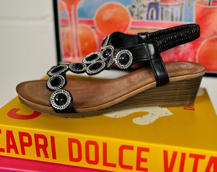 Jewel Comfort Low Wedge Sandal - Black