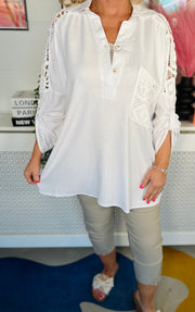Crochet Pocket Tunic Top - White