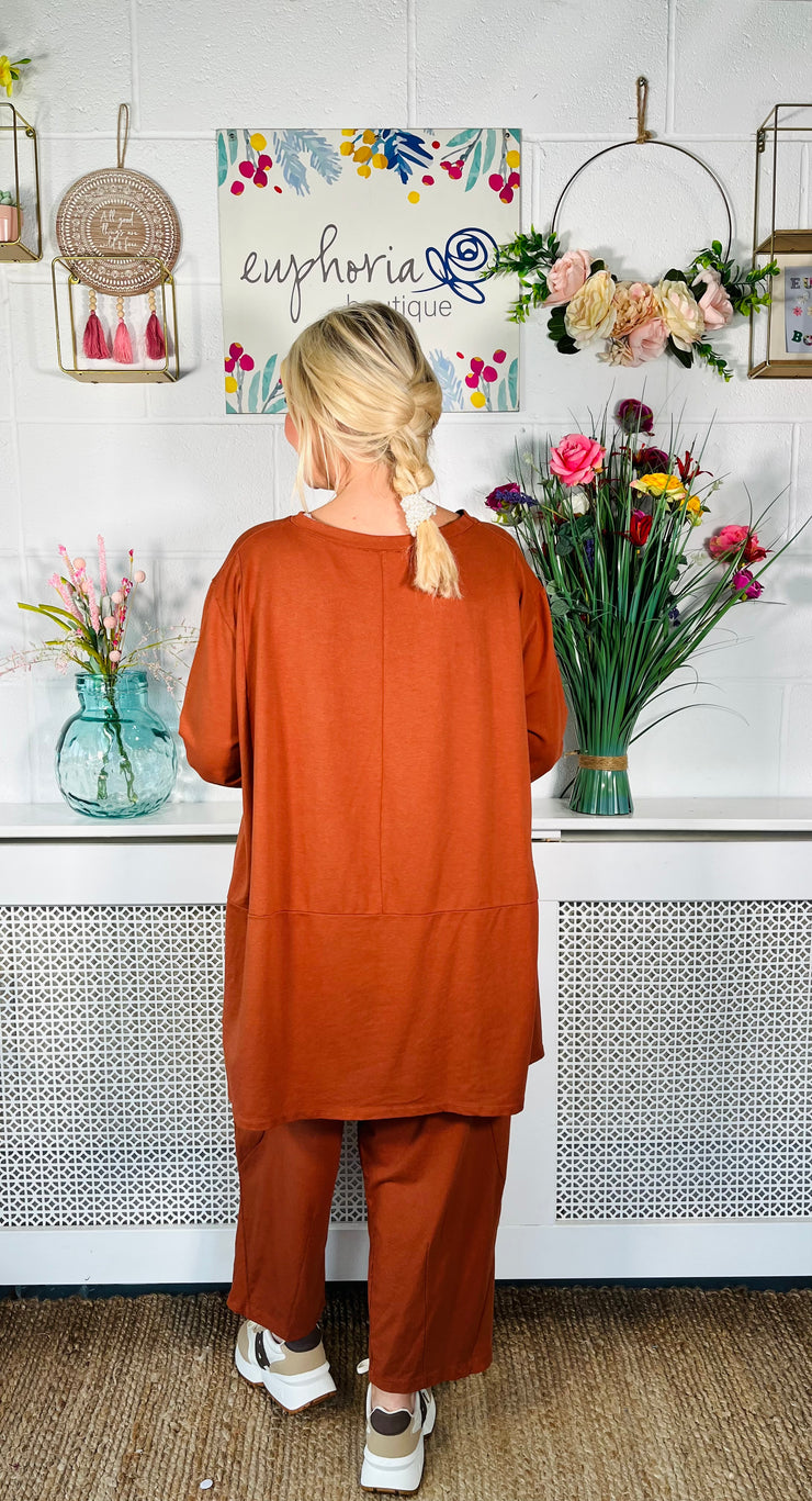 Ladies tan loose fitting cotton top which is shorter at the front longer at the back and has long sleeves