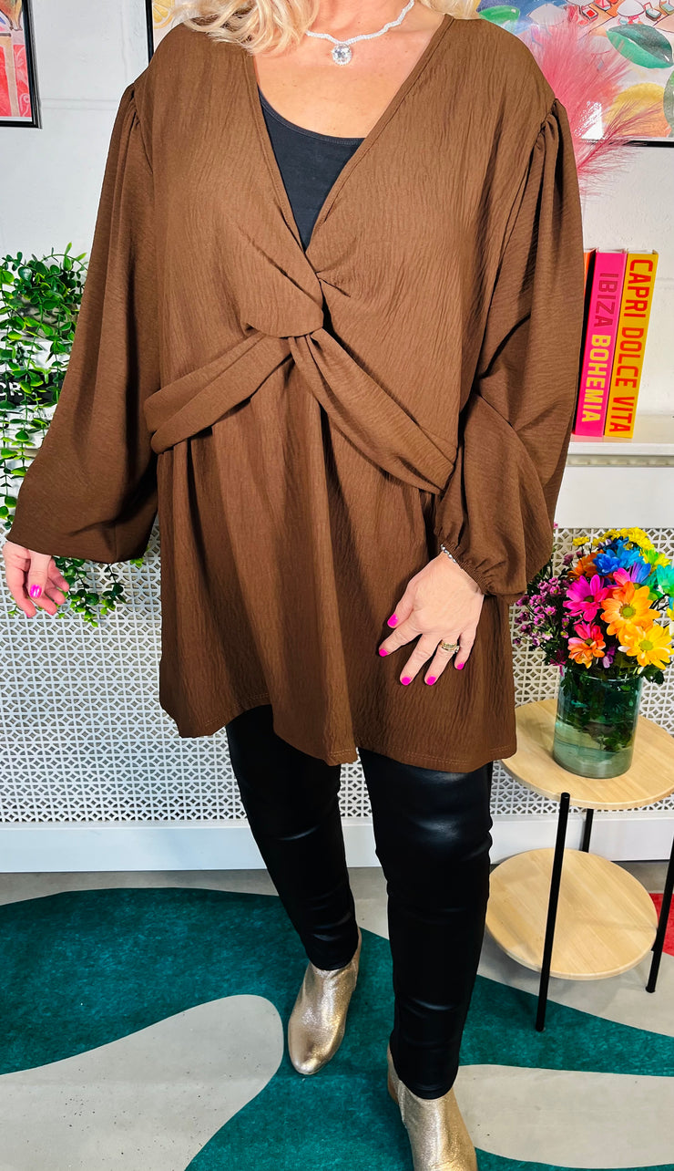 Giselle V neck Tunic Top - Chocolate