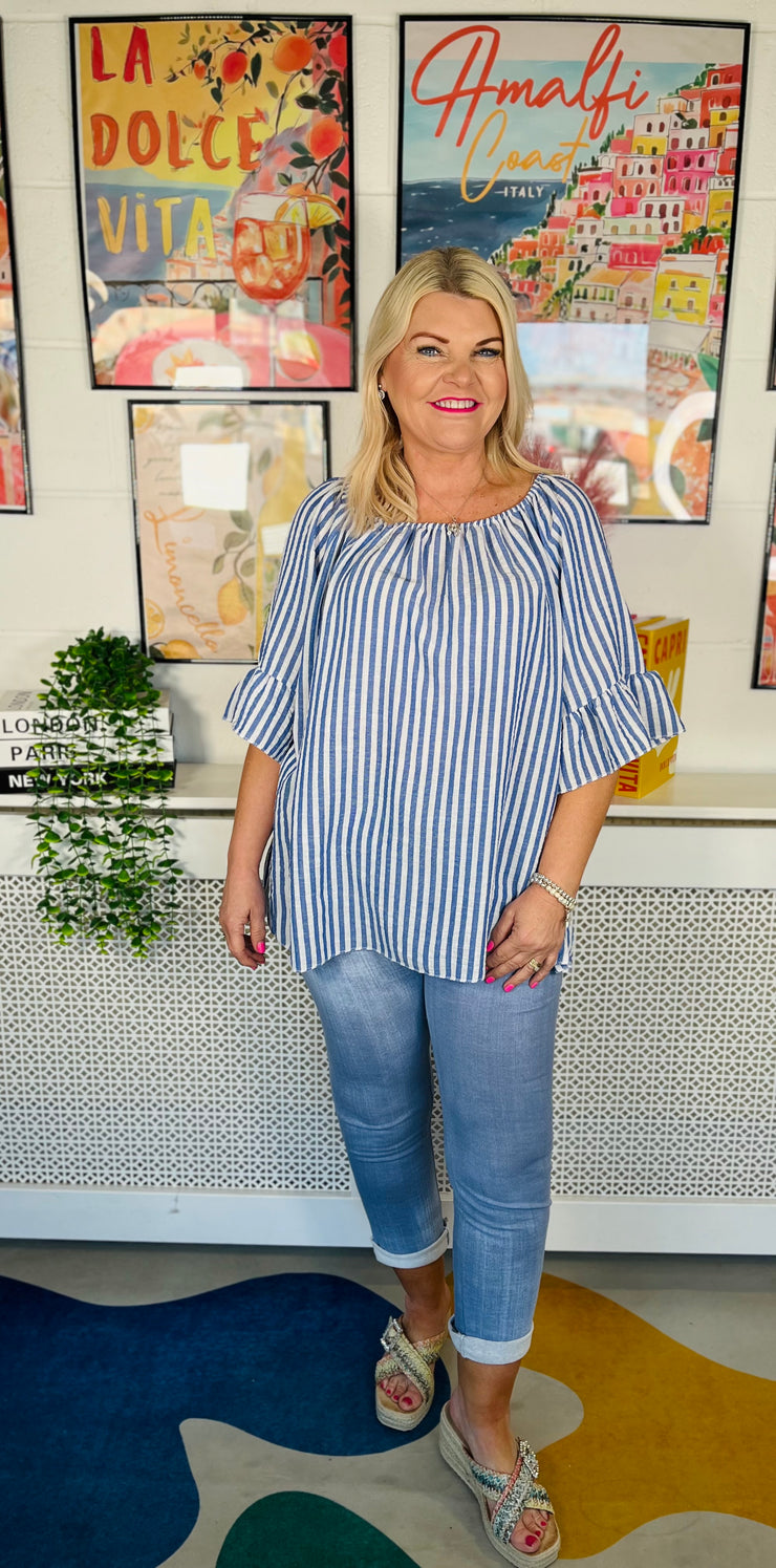 Candy Stripes Bardot Top - Cobalt Blue