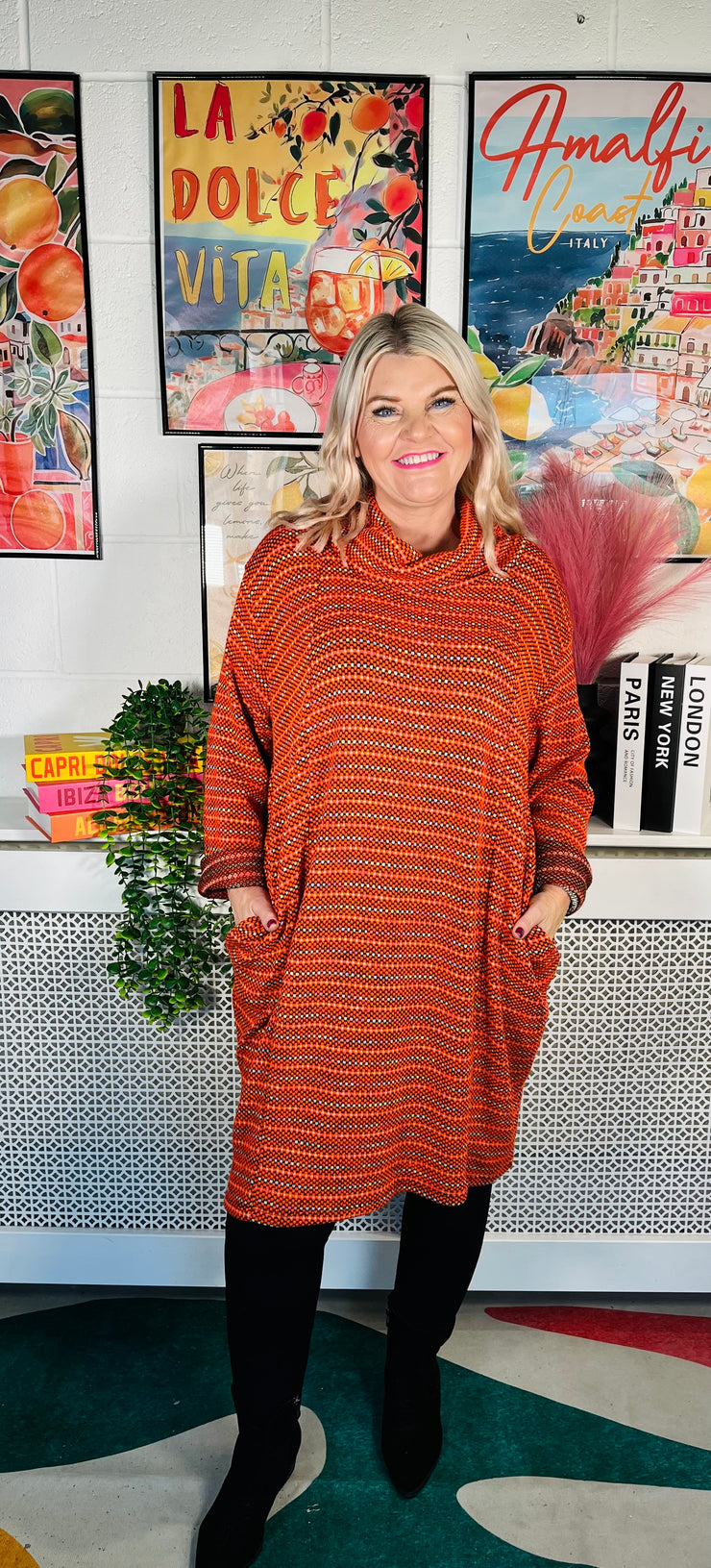 Tamsin Cowl Neck Jumper Dress - Orange