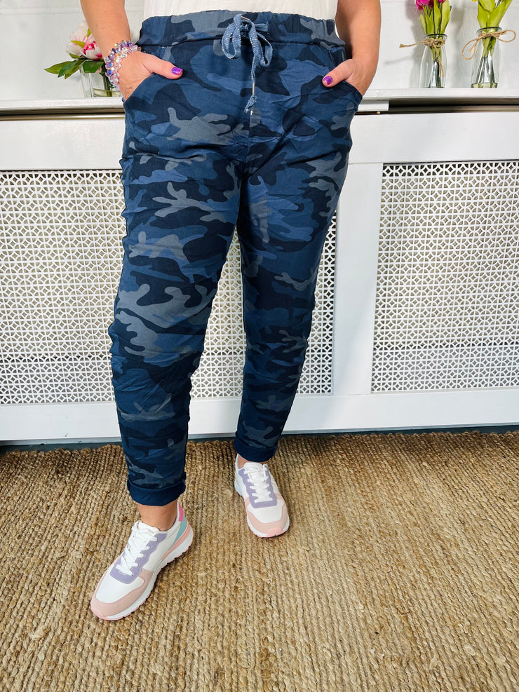 Magic stretchy camo trousers in midnight blue available in standard and plus fit