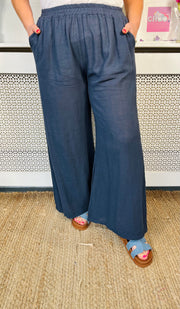 Colleen Wide Leg Cotton Trousers - Navy
