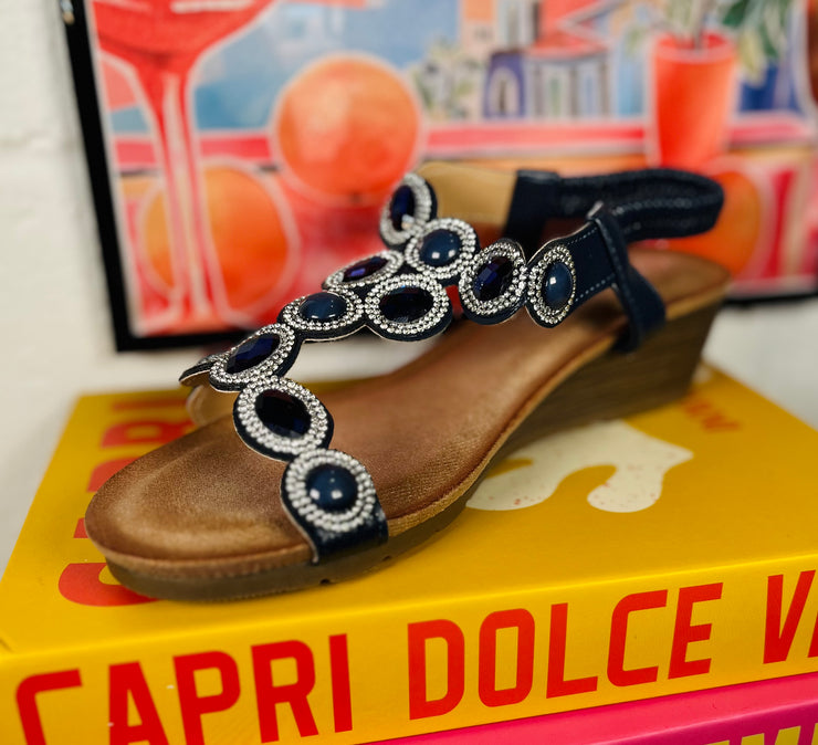 Jewel Comfort Low Wedge Sandal - Navy