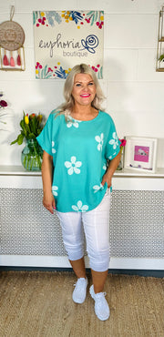 Magnolia Floral Waffle Top - Turquoise