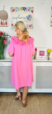 Katie Ruffle Neck Dress - Bubble Gum Pink