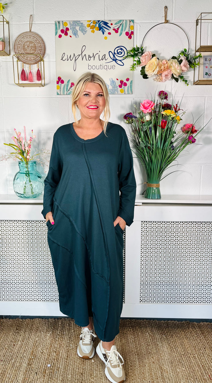 ladies Petrol free size relaxed fitted midi dress with long sleeves