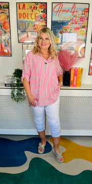 The Button Bay Striped Top - Lipstick Pink