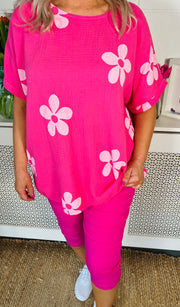 Magnolia Floral Waffle Top - Hot Pink