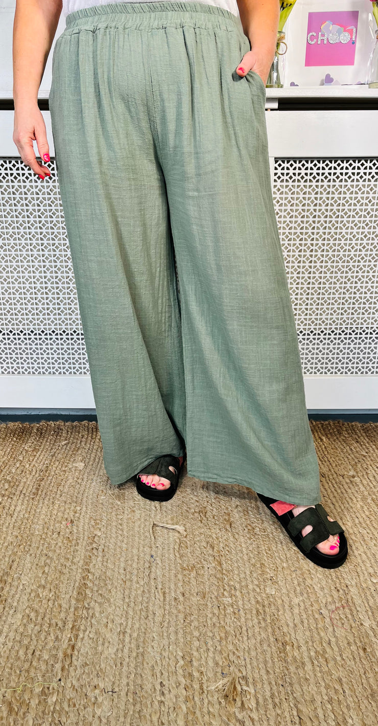 Colleen Wide Leg Cotton Trousers - Khaki