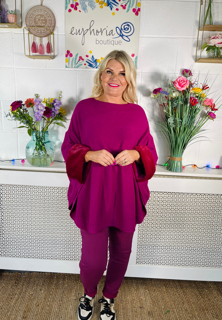 Wynter Faux Fur Trim Cape - Magenta