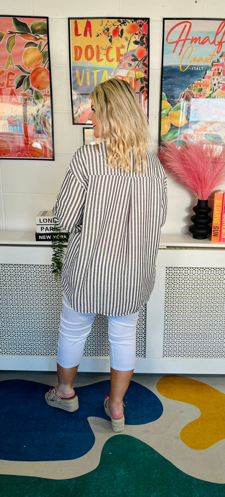 The Button Bay Striped Top - Charcoal