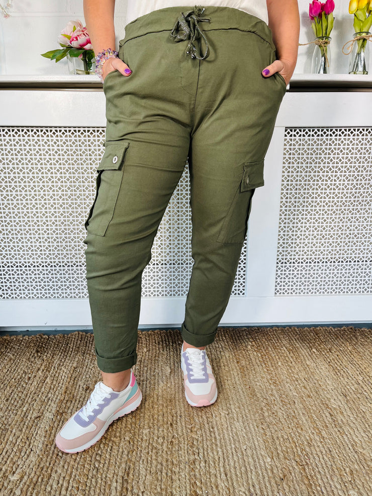 Khaki magic stretchy cargo pants with side pockets and elasticated waist