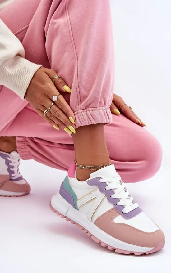 Ladies lace up sneakers with pink purple and white details 