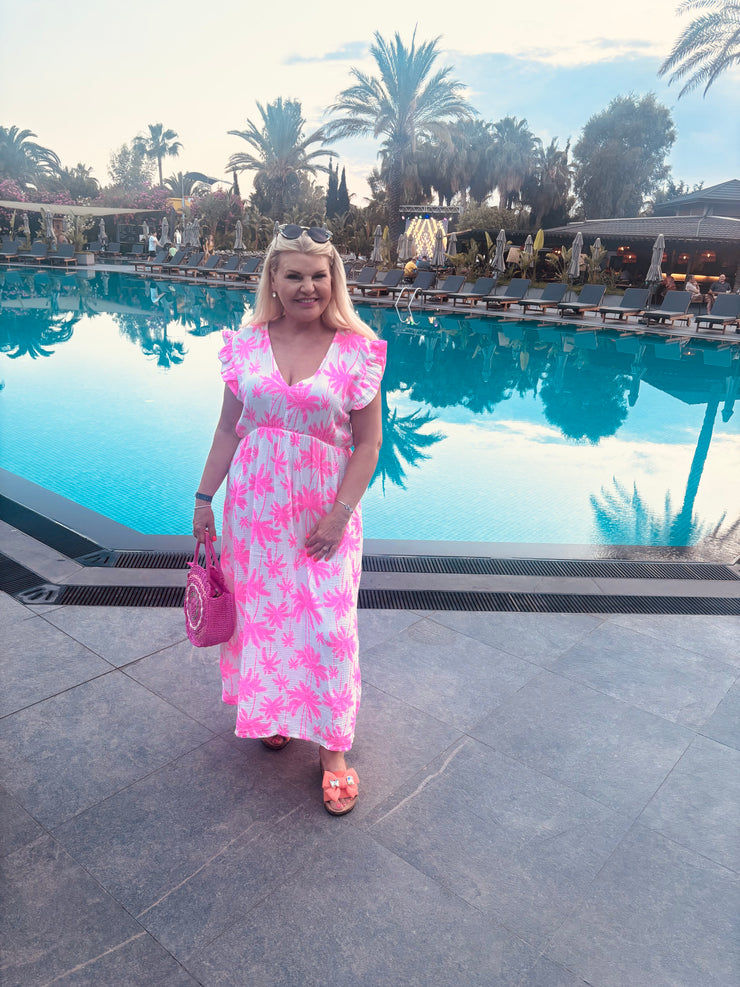 Tropical Sunrise Maxi Dress - Neon Pink