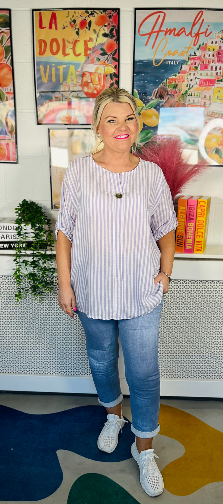 Milan Striped Button Top - Lilac