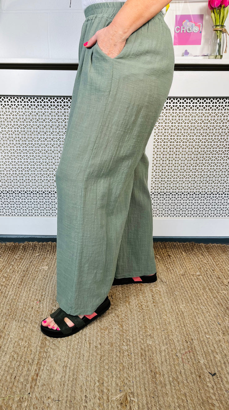 Colleen Wide Leg Cotton Trousers - Khaki