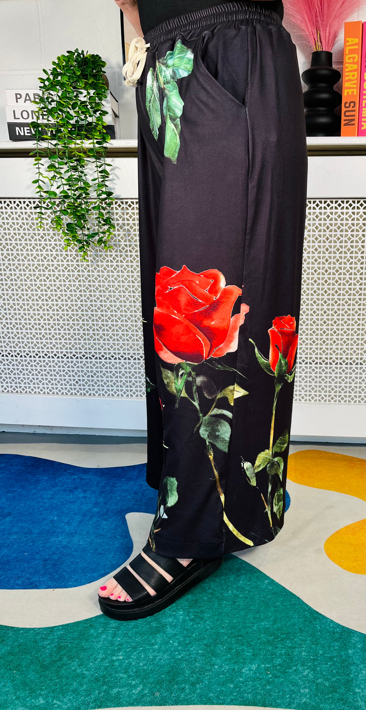 Secret Roses Wide Leg Joggers - Black