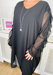 Josephine Ruffle Sleeve Top - Black
