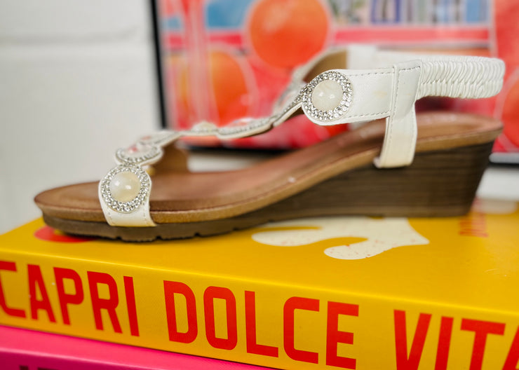 Jewel Comfort Low Wedge Sandal - White