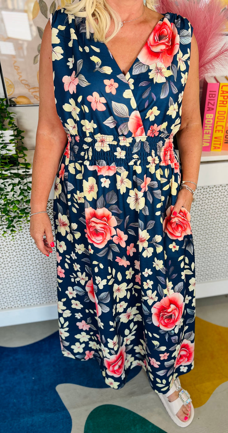 Summer Haze Floral Dress - Navy