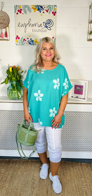 Magnolia Floral Waffle Top - Turquoise