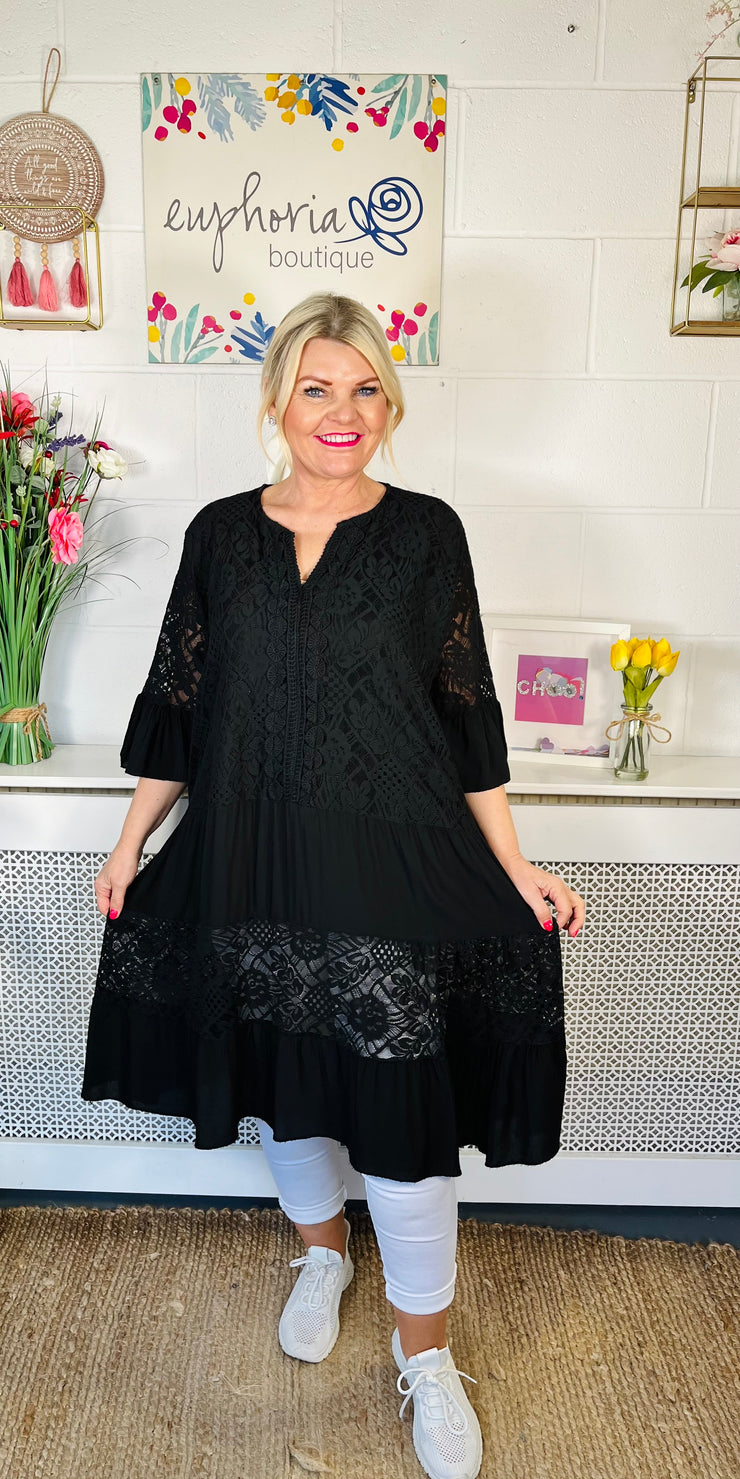 Delia Lace Tunic Dress - Black