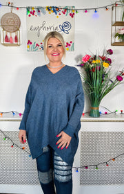 Buffy V Neck Knit - Denim Blue